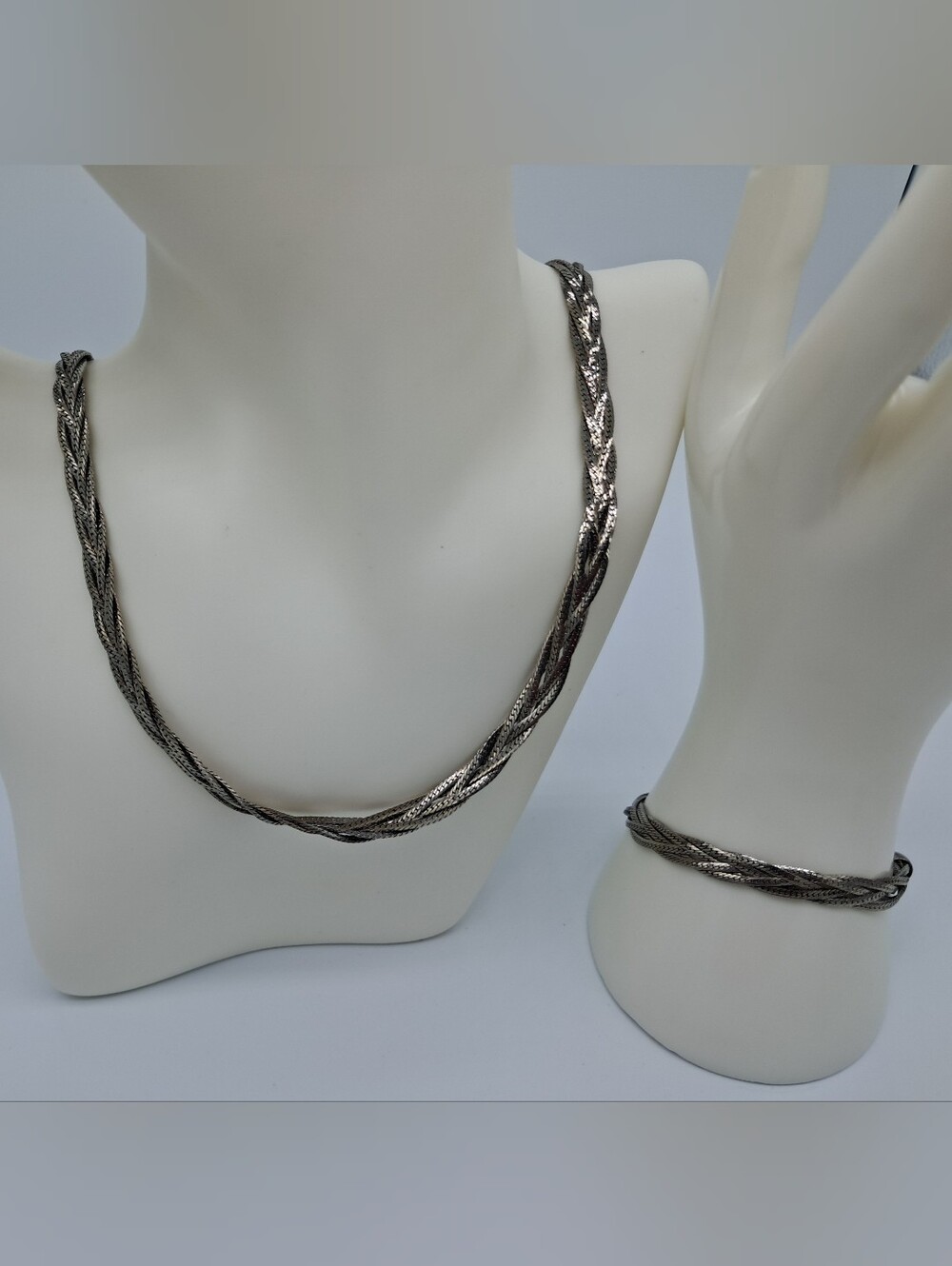 Vintage Braided Metallic Necklace and Bracelet Set - Gunmetal